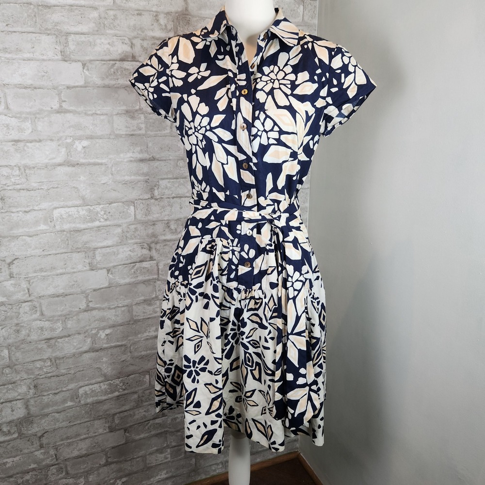 Diane von Furstenberg Shirt Dress Blue White Floral Abstract Belted Size 6